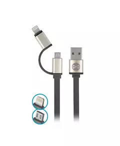 Forever cable 2in1 micro-USB + iPhone 8-PIN metal flat black 1m 1,8A