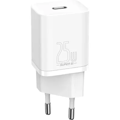 Baseus Φορτιστής Super Si PD 25W 1x USBC Λευκός + Καλώδιο USB-C - USB-C
