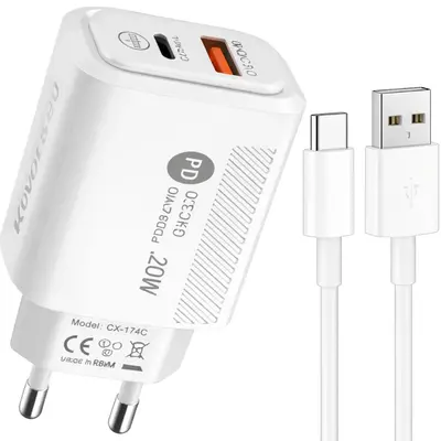 Kouvolsen CX-174c Wall adapter 20W QC 3.0 USB-A & USB-C & Cable USB-A - USB-C Λευκός