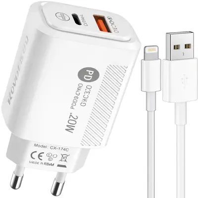 Kouvolsen CX-174i Wall adapter 20W QC 3.0 USB-A & USB-C & Cable USB-A - Lightning Λευκός