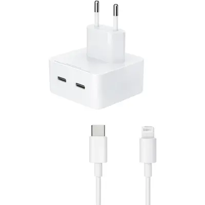 Travel adapter Wall 35W 2X USB-C & Cable USB-C to Lightning Super Fast Charging Λευκό