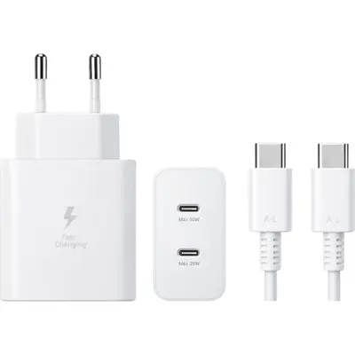 Travel adapter Wall 50W με Θύρα 2X USB-C και Καλώδιο USB-C - USB-C 1m Λευκό
