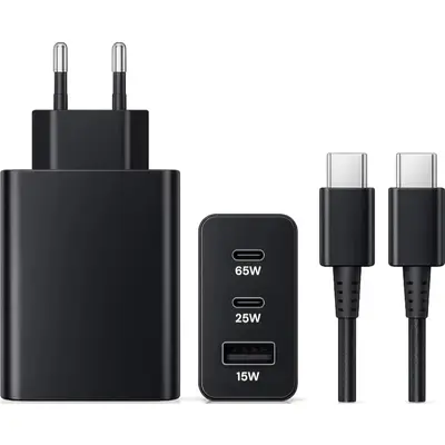 Travel adapter Wall 65W με Καλώδιο με Θύρα USB-A και 2 Θύρες USB-C Μαύρος