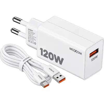 Moxom MX-HC246 Φορτιστής Τοίχου USB-A 120W Fast Charge με Καλώδιο USB-A σε USB-C 1m White
