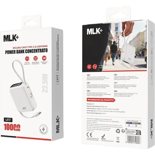MLK+ LX17 Power Bank 10000mAh 22.5W με Ενσωματωμένα Καλώδια USB-C & Lightning Silver