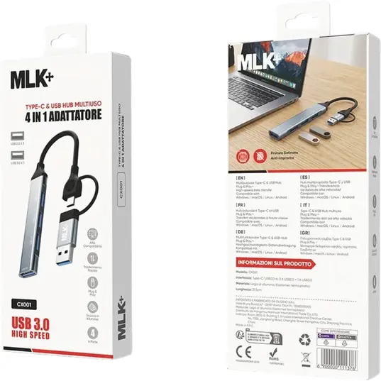 MLK+ CX001 4-in-1 Compact Hub with USB-A and USB-C